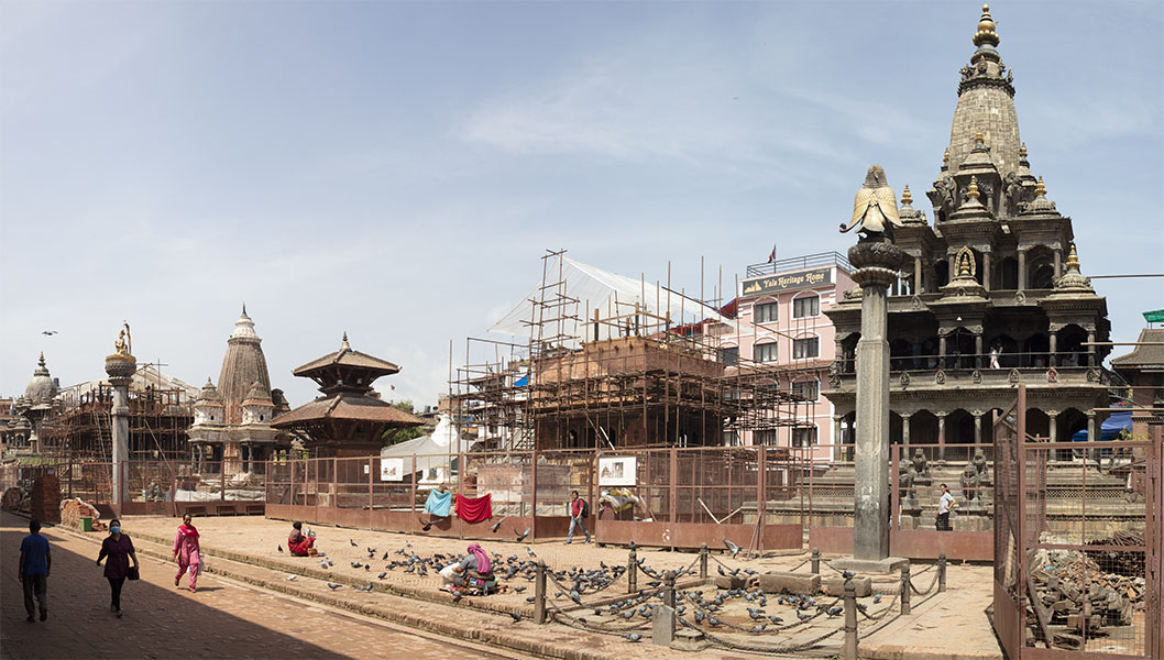 Panoramic photo of Patan Durbar Square, Nepal, showing the reconstructin of the temples.